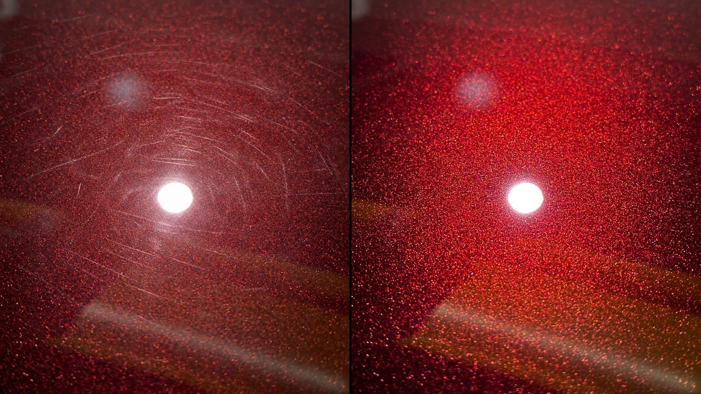Red metallic paint under an inspection light, swirled before correction and clear after